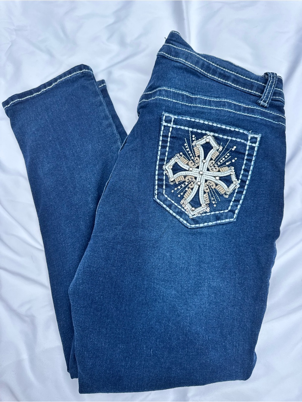 BAMBOO Dark Blue Skinny Jeans with Embellished Pocket